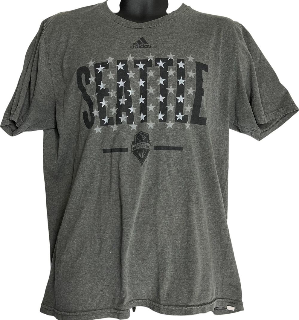 Adidas Seattle Sounders Shirt Mens Size L Gray Short Sleeve Stars Print Soccer